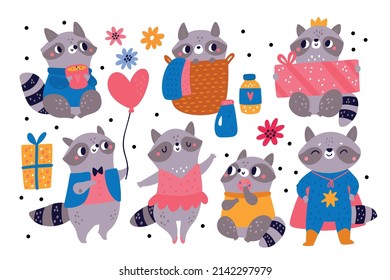 Funny raccoon. Cute beasts in clothes. Cartoon wildlife characters with gift, balloon and donut. Forest animals poses and actions. Ballerina and superhero. Vector