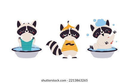 Funny raccoon in different activities set. Cute wild animal character washing clothes and taking bath cartoon vector illustration