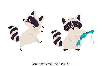 Funny raccoon in different activities set. Cute wild animal character washing clothes and running away cartoon vector illustration