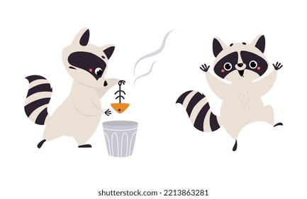 Funny raccoon in different activities set. Cute wild animal character cooking and having fun cartoon vector illustration