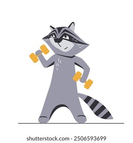 Funny raccoon doing sports with dumbbells. Cute animal isolated on a white background. Cartoon character training workout.