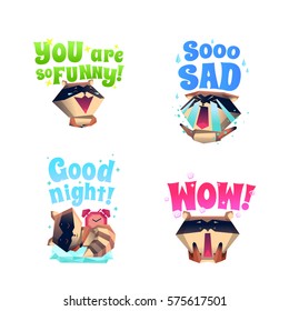 Funny raccoon fictional cartoon character 4 icons composition in funny sad and sleepy mood isolated vector illustration