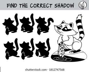 Funny raccoon. Find the correct shadow. Educational matching game for children. Black and white cartoon vector illustration
