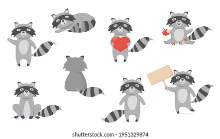 Funny raccoon flat pictures set for web design. Cartoon cute racoon character in different poses isolated vector illustrations. Forest animals and woodland concept