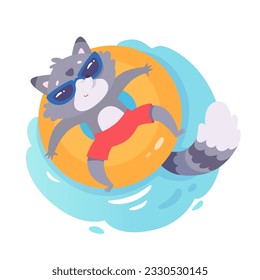 Sonnige Raccoon schwimmend auf aufblasbarem Ring auf Beach Pool Party Vektorgrafik. Cartoon einzeln glückliches Kleintier in Stämmen und Sonnenbrillen schwimmen im Wasser, Sonnenbaden an Sommerferien