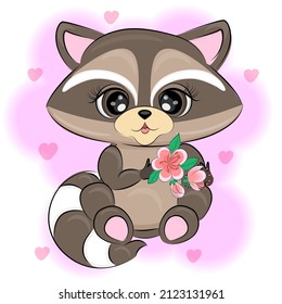 Funny raccoon with flower, cute cartoon raccoon, hand drawn illustration, Textile print, T-shirt design,. Vector illustration