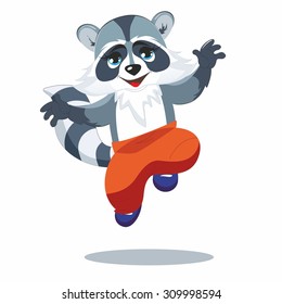 funny raccoon, fluffy, gray, animal, vector raccoon, funny animals, dynamics, jump, high, sneakers