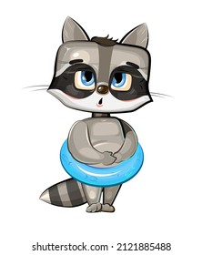 Funny Raccoon got ready to swim in an inflatable ring. Funny comic baby animal. Young cute cartoon style. Childrens clipart illustration isolated on white background. Vector.