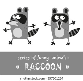 Funny raccoon hand drawn in cartoon style isolated on white background. Vector illustration