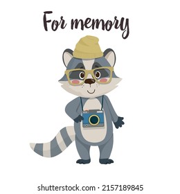 funny raccoon in a hat, glasses and with a camera