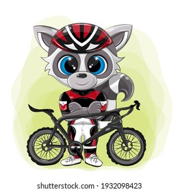 A funny raccoon in a helmet and a tracksuit who is engaged in cycling. The vector animal looks very confident and believes in victory.