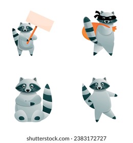Funny raccoon icons set cartoon vector. Cute little raccoon. Cartoon character