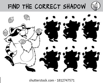 Funny raccoon juggling cones. Find the correct shadow. Educational matching game for children. Black and white cartoon vector illustration