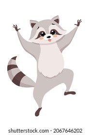 Funny raccoon. Jumping for joy. Vector illustration