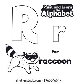 Racco gracioso con máscara y letra 'R' en majuscule y minúsculo listo para ser coloreado, para un fácil aprendizaje del alfabeto.