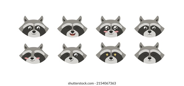 Funny raccoon mouth emojis collection, flat cartoon vector illustration isolated on white background. Racoon animal cute adorable faces stickers pack.