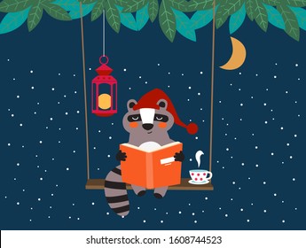 Funny raccoon reading book on swing vector illustration