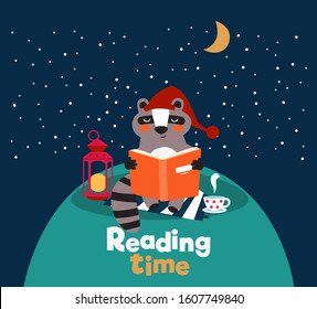 Funny raccoon reading book vector illustration