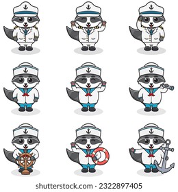 Funny Raccoon sailors set. Cute Raccoon characters in captain cap cartoon vector illustration.