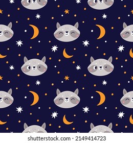 Funny raccoon seamless pattern. Cute little animals smiling faces. Wildlife cartoon characters. Comic mammal muzzles. Stars and dots. Night sky. Happy creatures head