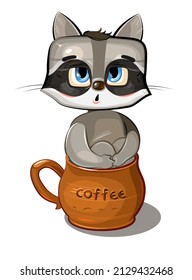 Funny Raccoon sits in a brown ceramic coffee mug. Cute comedian animal. Flat cartoon style. Childrens illustration clipart isolated on white background. Vector.