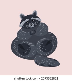 Funny raccoon sits and folded his paws. Illustration in a naive style.