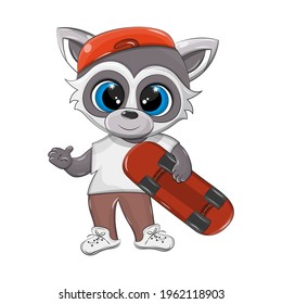 Funny raccoon skateboarding vector. An isolated raccoon is holding a skate in its paws and he smiles cute. Nice print for kids sporting goods.