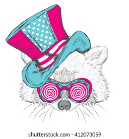 Funny raccoon in an unusual hat and sunglasses. Vector illustration.