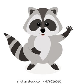 Funny raccoon waving, isolated on white background. Adorable vector raccoon. Cute cartoon pet. 