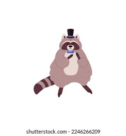 Funny raccoon wearing hat and bow tie, cartoon flat vector illustration isolated on white background. Cute animal drawing for kids designs.