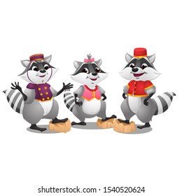 Funny raccoons in Maitre d ' costumes isolated on a white background. Vector cartoon close-up illustration