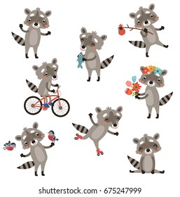 Funny raccoons. Set of vector characters