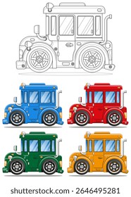 Funny racing cars. Coloring. Side view. Isolated on white background. Vector illustration.