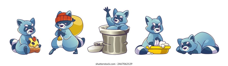 Funny racoon characters set isolated on white background. Vector cartoon illustration of animal mascot in chewing piece of pizza, robber carrying bag, sitting in waste bin, doing laundry, sleeping