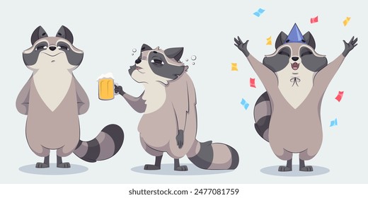 Funny racoon characters set isolated on white background. Vector cartoon illustration of animal mascot standing happy, drinking beer glass with hangover, celebrating holiday at party with confetti