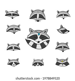 Funny Racoon faces. Isolated on white. Collection for your design