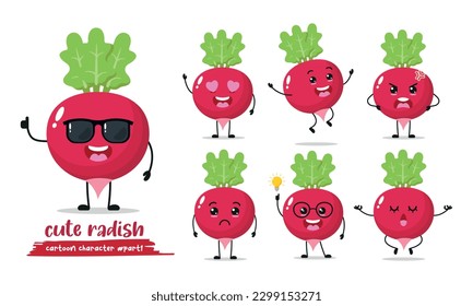 funny radish cartoon with many expressions. vegetable different activity vector illustration flat design.