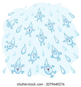 Lluvia divertida. Las gotas de agua están cayendo. Al estilo de las caricaturas. Aislado sobre fondo azul. Ilustración del vector