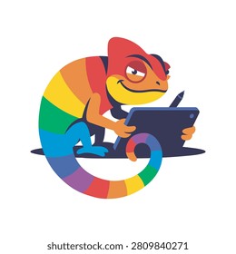 Funny rainbow chameleon graphic designer drawing on a digital tablet