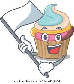 Funny rainbow cupcake cartoon character style holding a standing flag