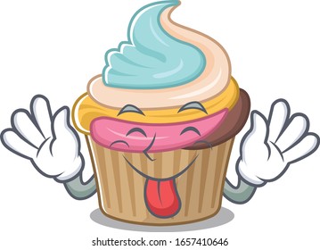 Funny rainbow cupcake mascot design with Tongue out