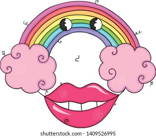 Funny rainbow face with pink lips and clouds