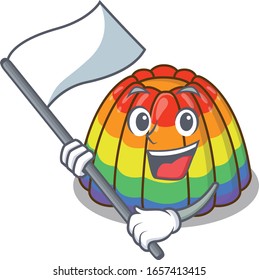 Funny rainbow jelly cartoon character style holding a standing flag