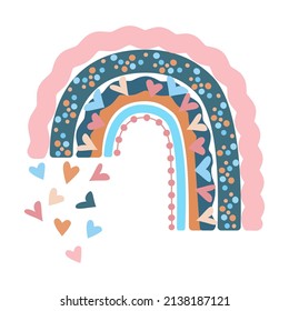El arcoiris es gracioso. Arcoiris y lluvia de corazones aislados en fondo blanco. Bonita ilustración vectorial para los niños. Ilustración de dibujos animados planos vectoriales aislados en fondo blanco para la ducha de bebé, fiesta, bebé 