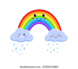 Funny rainbow and rainy clouds, cartoon characters. Vector colorful emoticon for weather forecast, kawaii emoji of weather at rain
