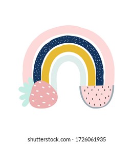 Funny rainbow with strawberry and watermelon. Childish summer graphic. Vector hand drawn illustration.