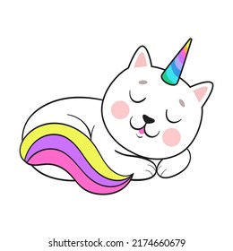 Funny rainbow unicorn cat. Cute cartoon kitty eating ice cream, strawberry, cupcake, playing with magic stick or sleeping. Flat vector illustration