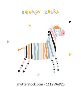 Funny rainbow zebra with lettering. Kids fashion print. Vector hand drawn illustration.