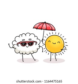 Funny rainy cloud wearing sunglasses and cute sun holding an umbrella. Vector cartoon kids illustration.