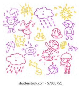 Funny rainy doodles in cartoon style